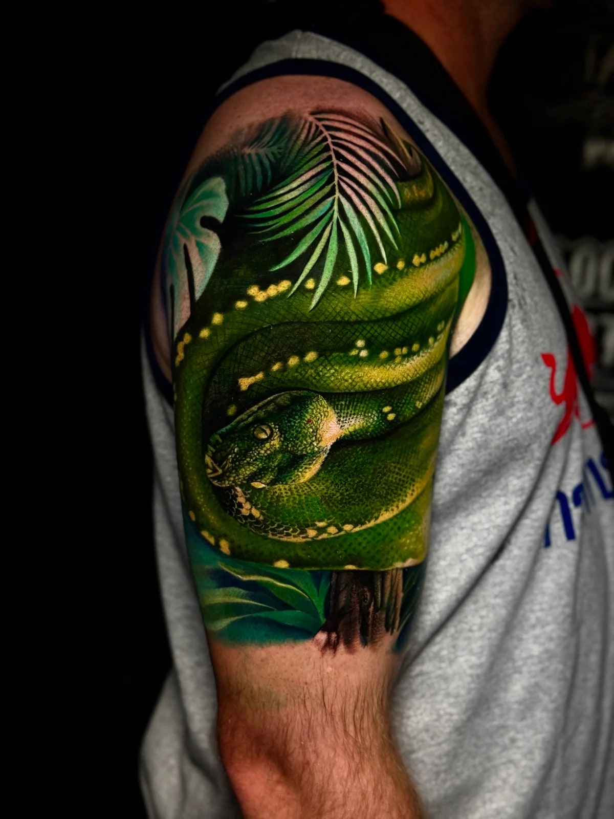 Colour realism shoulder tattoo of a green tree python coiled through lush tropical palm leaves and jungle foliage at Bloodline Tattoo Phuket.