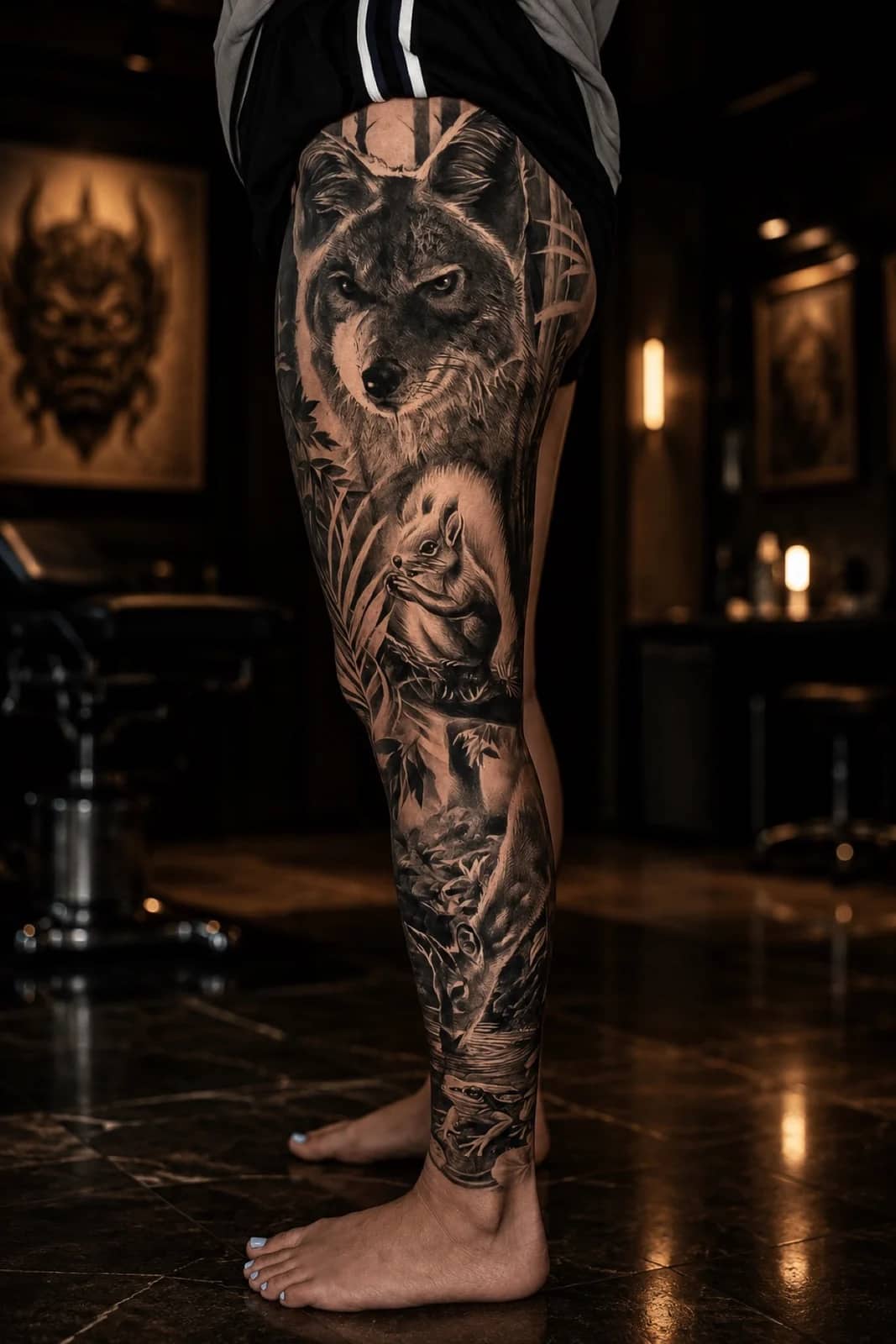 Healed black and grey wildlife full-leg sleeve with wolf, squirrel, and deer at Bloodline Tattoo Bali